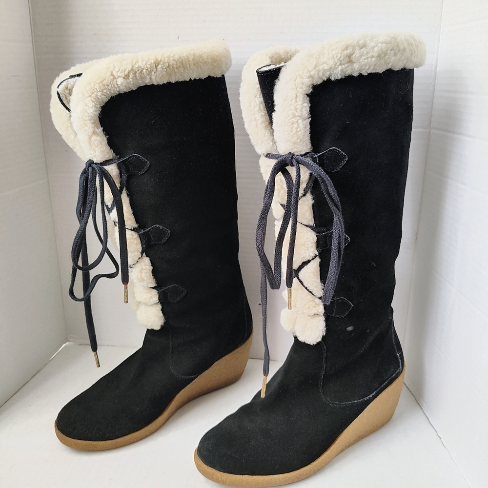 MICHAEL Michael Kors Suede & Shearling Lace-upTall Boots W Wedge Heels Sz 7.5*